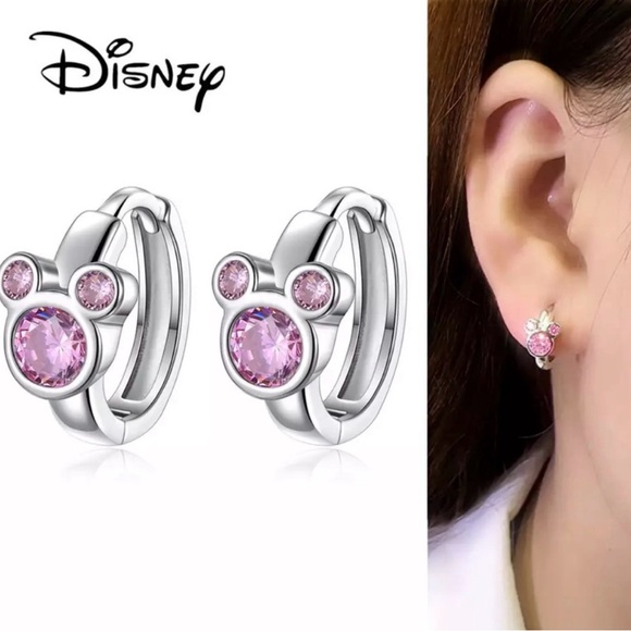Jewelry - Disney S925 Silver Pink Crystal Mickey Mouse Huggie Hoop Earrings